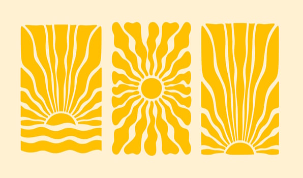 Hippie retro boho style sun. Yellow trendy sunburst. Horizontal and vertical posters vector