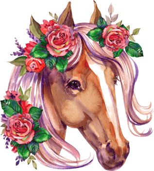 Horse with Flowers Watercolor hand drawn Illustration. Horses with floral wreath vintage style png