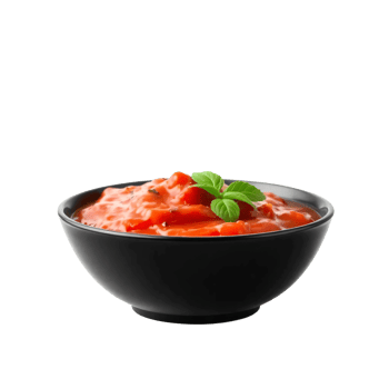 A bowl of tomato soup with basil leaves png