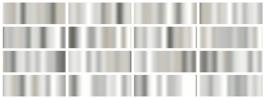 Silver metal foil set with gradient backgrounds. White glossy paper effect blends chrome glass with smooth gray gradation. Abstract mirror surface with shiny steel reflection for luxury design. vector