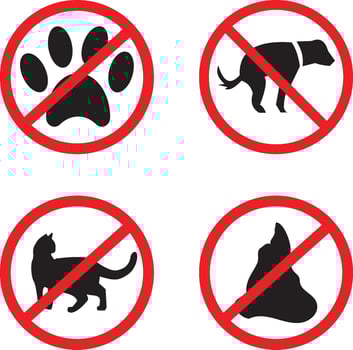 Forbidden animal Walking. poop. on Leash Red Stop Circle Symbol. Paw Footprint Ban Black Silhouette Icon. No Allowed Pet Sign. Prohibited Walk Park Zone. Isolated Illustration. vector