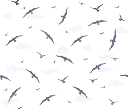 Seamless pattern with birds flying in the sky with clouds over sea waves. Nature sea view ornamental background vector