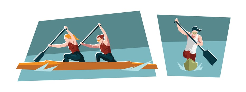 Set of female canoe sprint. Water sport. Cartoon flat illustration. vector