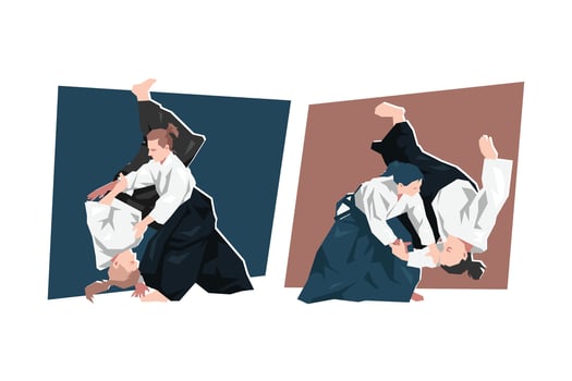 Set of female aikido character. Dynamic pose. Sport, martial arts. Cartoon flat illustration. vector