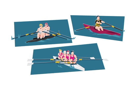 Set of female rowing. Water sport. Cartoon flat illustration. vector