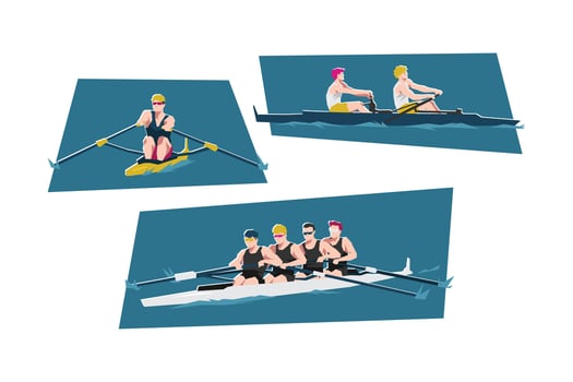 Set of male rowing. Water sport. Cartoon flat illustration. vector