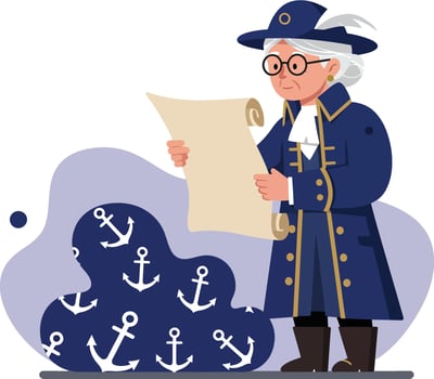 Historical sea captain reading nautical map with anchor symbols illustration vector