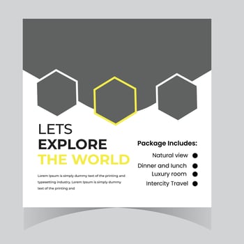 Exciting World Exploration Package Enticing Travel Ad with Luxury Room, Delicious Meals, and Breathtaking Views vector