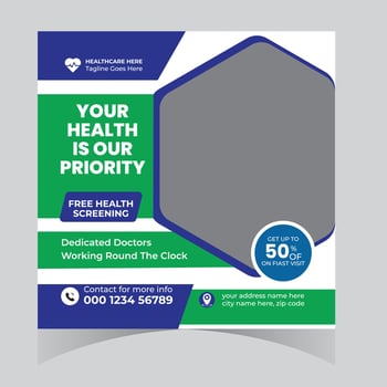 Urgent Care Health Screening Flyer Free Health Check-up with Dedicated Doctors Working 247, 50 Discount on First Visit vector