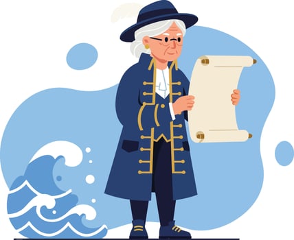 Historical figure reading old scroll with ocean waves background illustration in blue and beige colors vector