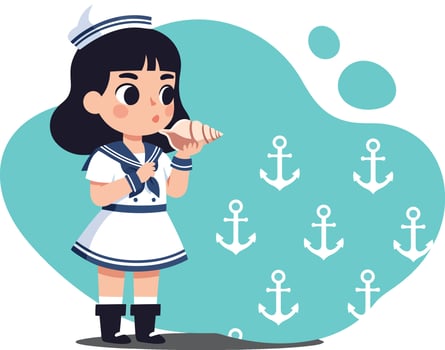Cute little girl in sailor outfit playing flute with blue anchor background illustration vector