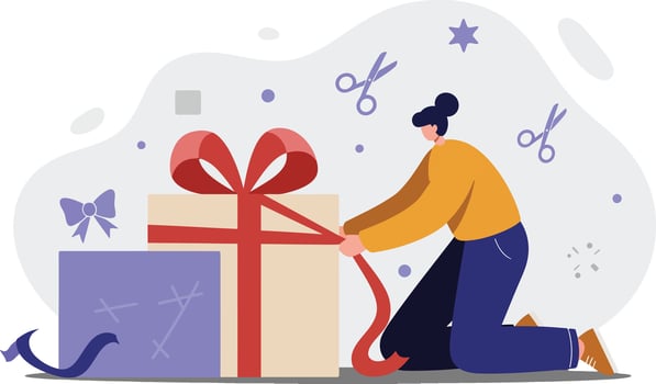 Woman wrapping gift box with red ribbon preparing present for special occasion illustration vector
