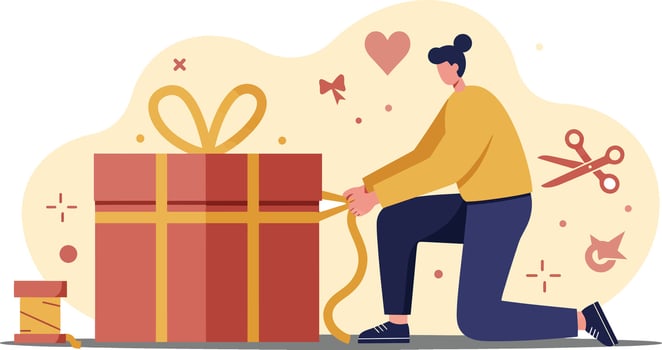 Person wrapping large gift box with ribbon and scissors for special occasion celebration in warm tones illustration vector
