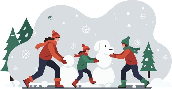 Children and adult building snowman winter outdoor activity with pine trees and snowflakes illustration vector