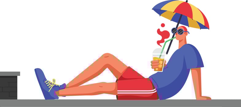 Man Relaxing Outdoors with Colorful Umbrella Hat and Drink Illustration in Casual Wear vector