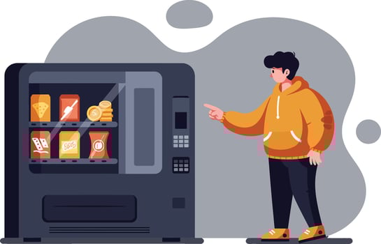 Young Man Choosing Snack from Modern Vending Machine in Orange Hoodie Illustration vector