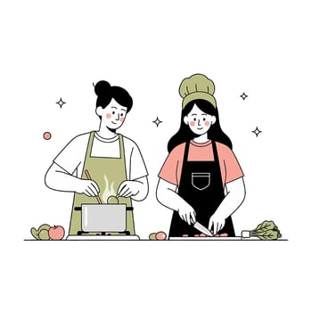 Two Cartoon Chefs Preparing a Meal Together vector