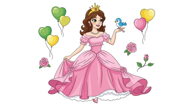 Elegant Princess in Pink Dress with Blue Bird and Balloons Illustration Image vector