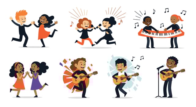 Expressing Joy Through Music and Movement Diverse Group of Children Performing Arts vector