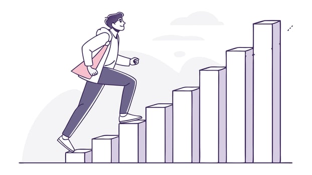 A man is climbing up a bar graph vector
