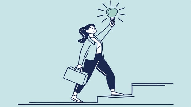Businesswoman climbing stairs with light bulb on top vector