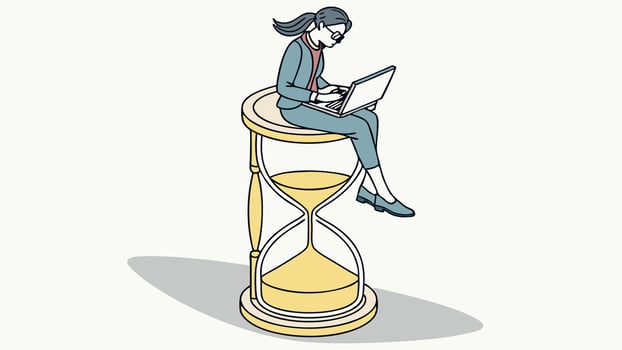 Businesswoman sitting on hourglass with laptop vector