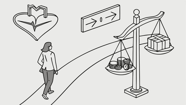 A woman is walking towards a scale with a heart and a coin vector