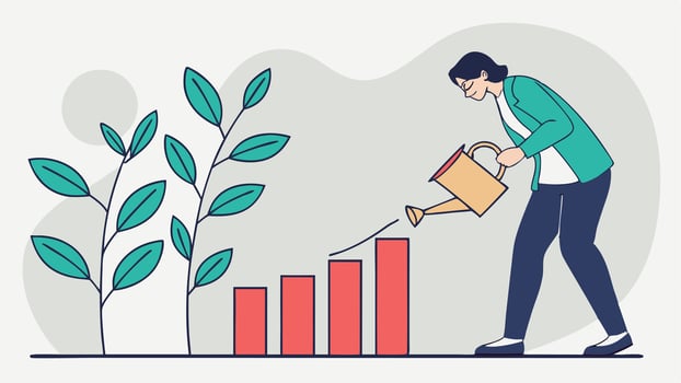 A woman watering plants on a bar chart vector