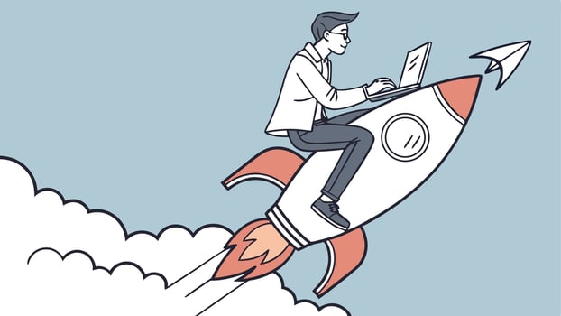 A man sitting on a rocket with a laptop vector