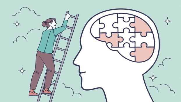 A woman is climbing a ladder to reach a puzzle piece vector