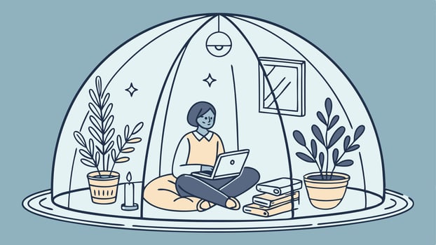 mental health A woman sitting in a glass dome with a laptop vector