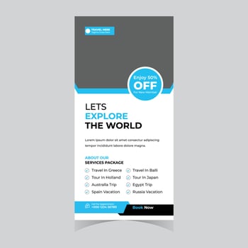 Exciting World Travel Roll-Up Banner Explore Global Destinations with 50 Off for New Members - Professional digital artwork with vibrant colors and detailed composition vector