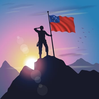 Western Samoa flag raised on mountain peak with purplish yellow sunset background vector
