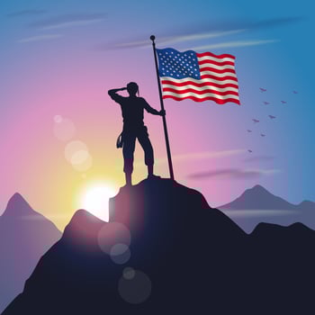 United States flag raised on mountain peak with purplish yellow sunset background vector