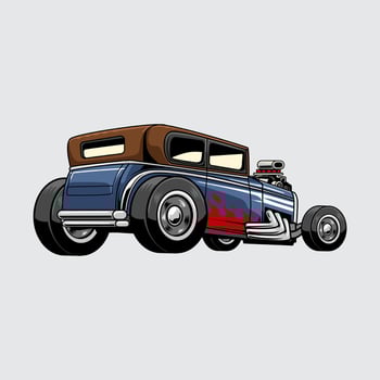 Cartoon-style vintage blue hot rod with flame decals, large rear tires, brown roof, and exposed engine on light gray background vector