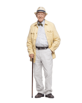Senior man in casual hat and yellow jacket isolated on transparent background png