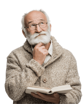 Old wise man with glasses reading book isolated on transparent background png
