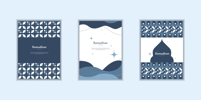 Ramadan Kareem poster, holiday cover set. Islamic greeting card, banner template. Arabic text mean Ramadan Kareem. Modern design with geometric pattern dark blue color vector