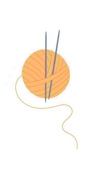 Knit yarn ball and needle icon, flat crochet supplies element, doodle fashion tool design, cartoon tailor decoration illustration, hand drawn knitting accessories object, vector