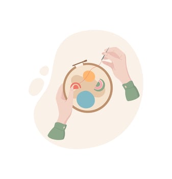 Hands embroidering icon, flat tailor decoration illustration, embroidery tool object, doodle dressmaking accessories element, cartoon sewing supplies design, vector
