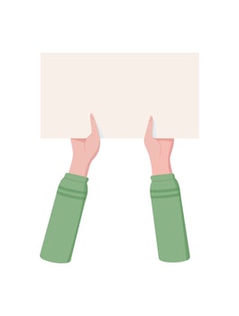 Man hand hold sign, hand hold revolution poster, woman holds support sign, right activist parade strike flag, character raise empowerment signboard, human holding protest banner, vector