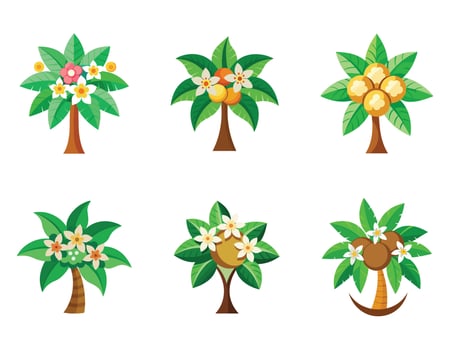 Six Vibrant Tropical Fruit Trees with Flowers in a Cheerful Summer Illustration - Professional digital artwork with vibrant colors and detailed composition vector