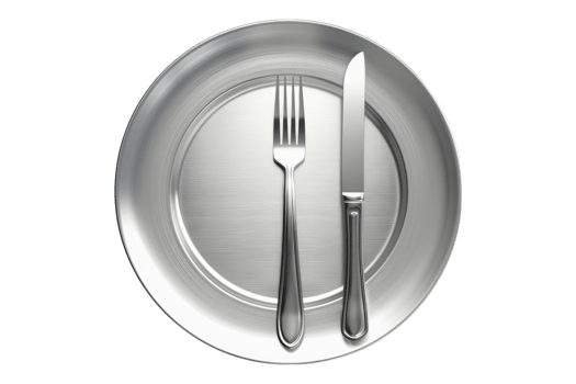 Stainless steel plate with knife and fork isolated on transparent background png