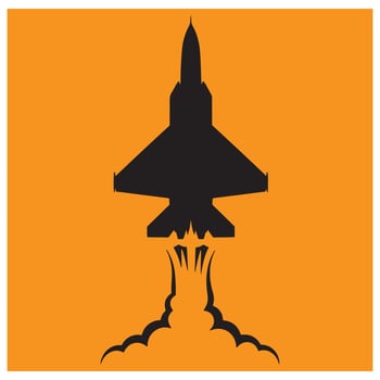 Silhouette of a military jet taking off with clouds on an orange background vector
