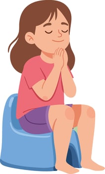 Girl sitting on potty training with closed eyes and hands clasped in calm expression illustration vector