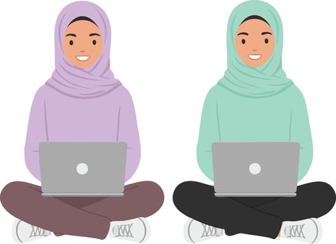 Two young women wearing hijabs working on laptops sitting cross legged in casual outfits illustration vector