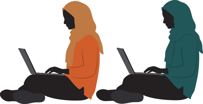 Two Muslim Women Wearing Hijabs Working on Laptops Sitting Side by Side Illustration vector