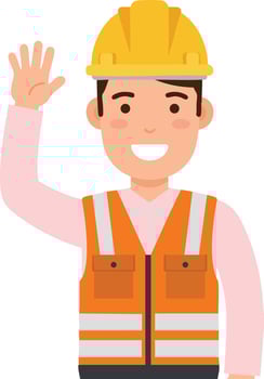 Construction worker smiling and waving hand wearing safety helmet and reflective vest illustration vector