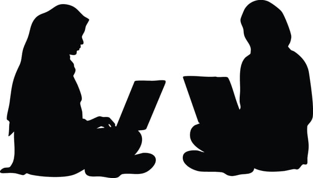 Two women sitting cross-legged working on laptops in silhouette illustration technology and teamwork concept vector
