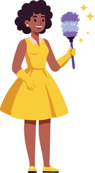 Woman in yellow dress holding duster cleaning with sparkles and gloves in illustration vector